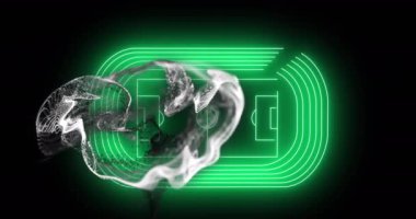 Siyah arkaplana karşı neon yeşil futbol sahası düzeni üzerine gri dijital dalga animasyonu. Spor ve tekoloji kavramı