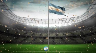 Arjantin bayrağını spor stadyumuna sallayan altın konfeti animasyonu. Ulusal spor turnuvası konsepti