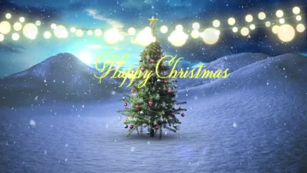 Animation Von Fröhlichen Weihnachtstexten Über Dem Weihnachtsbaum Winterlicher Landschaft Weihnachten — Stockvideo