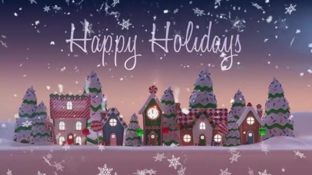 Animação Feliz Feriados Texto Flocos Neve Caindo Sobre Cenário Inverno — Vídeo de Stock