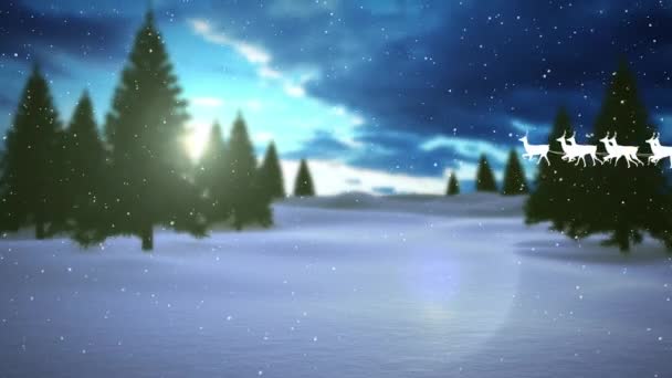 Animacja Świętego Mikołaja Saniach Reniferami Nad Padającym Śniegiem Zimową Scenerią — Wideo stockowe