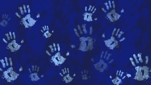 Animation Von Handabdrücken Zum Thema Menschenhandel Auf Blauem Hintergrund Konzept — Stockvideo