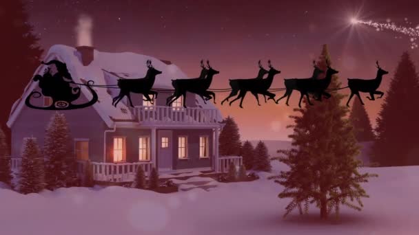 Animazione Babbo Natale Slitta Con Renne Sulla Neve Caduta Paesaggi — Video Stock