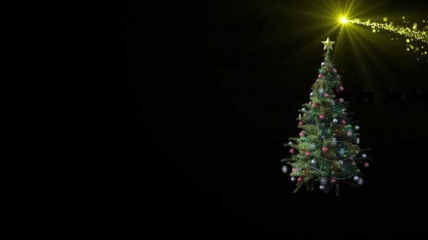 Анимация Санта Клауса Санях Северным Оленем Над Падающей Звездой Елкой — стоковое видео