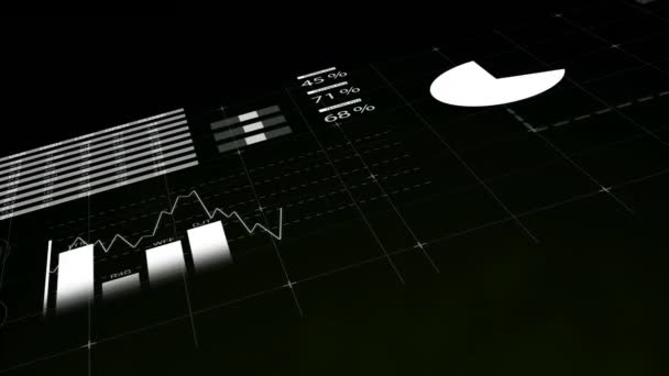 黒の背景に対する統計データ処理のアニメーション コンピュータインターフェイスとビジネスデータテクノロジーの概念 — ストック動画