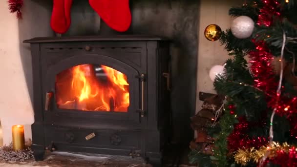 Animáció Feliz Navidad Felett Karácsonyi Ajándékok Kandalló Karácsony Hagyomány Téli — Stock videók