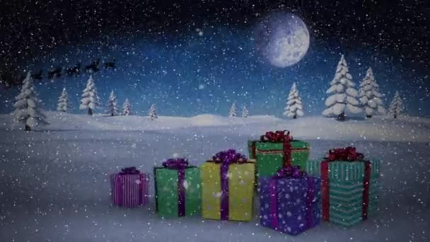 Animation Von Fallendem Schnee Über Weihnachtsmann Schlitten Und Winterlandschaft Weihnachten — Stockvideo