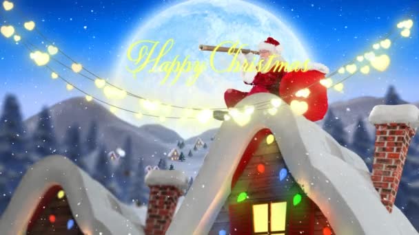 サンタクロースの冬の風景の上の幸せな休日のテキストのアニメーション クリスマス お祝いのコンセプトデジタル生成ビデオ — ストック動画