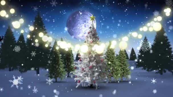 クリスマスツリーと冬の風景の上に降る雪のアニメーション クリスマス お祝いのコンセプトデジタル生成ビデオ — ストック動画