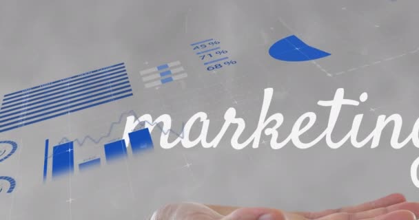 Animatie Van Marketingtekst Hand Tegen Statistische Gegevensverwerking Grijze Achtergrond Bedrijfsmarketing — Stockvideo