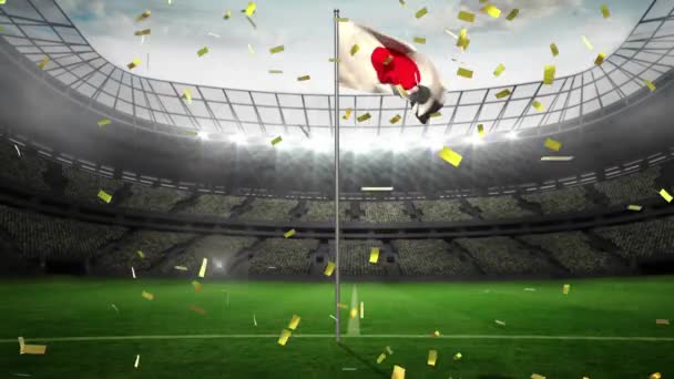 Animación Confeti Dorado Cayendo Sobre Ondeando Bandera Japonesa Contra Estadio — Vídeo de stock