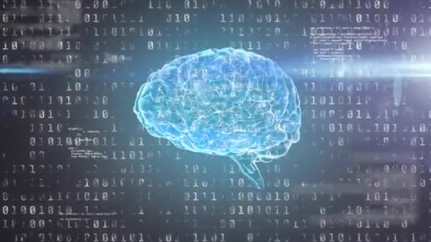 Анімація Синіх Світлових Слідів Над Обертанням Людського Мозку Бінарним Кодуванням — стокове відео