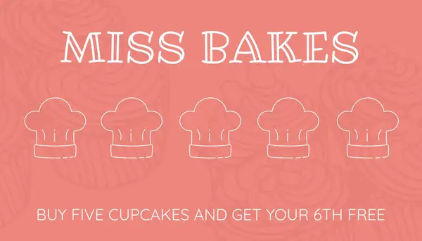 Chef\'s hats with miss bakes, buy five cupcakes and get your 6th free text on pink background. Copy space, illustration, vector, marketing, business, card, advertise, template, design, creative.