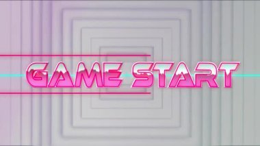 Oyunun canlandırması metni kare desenli neumorfik beyaz arkaplana karşı başlatır. Video oyunu ve eğlence teknolojisi kavramı