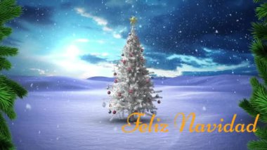 Felix Navidad 'ın üzerine kar yağan animasyon metni afişi ve kış manzarasında noel ağacı. Noel şenliği ve kutlama konsepti