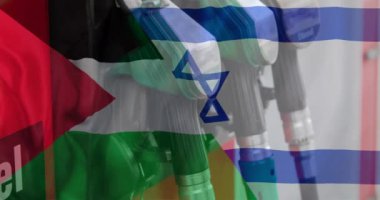 İsrail ve Filistin bayrağı üzerinde petrol pompalarının canlandırılması. Filistin İsrail çakışması, finans, iş ve veri işleme kavramı dijital olarak oluşturulmuş video.