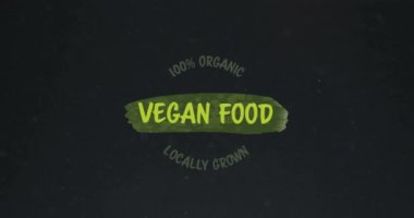 Suya düşen meyve üzerine vegan yemek metninin animasyonu. Sağlıklı beslenmek, vejetaryen gıdalar ve dijital olarak üretilen taze fruti konsepti..