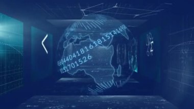 Dönen dünyada değişen sayıların animasyonu, siyah arkaplan üzerinde çoklu matematiksel semboller. Dijital olarak üretilen hologram, illüstrasyon, küreselleşme, işaretler, soyut ve eğitim kavramı.