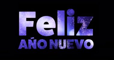 Felix ano nuevo metnin animasyonu ve siyah arka planda havai fişekler. Yeni yıl, yeni yıl arifesi, kutlama ve geleneksel konsept dijital olarak oluşturulmuş video.