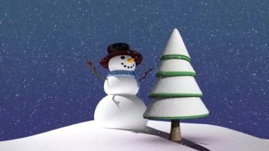 Kardan adamın üstünde kar yağışı, soyut arka planda dağdaki ağaç. Dijital olarak üretilmiş, hologram, illüstrasyon, kış, tatil, noel ve kutlama konsepti.