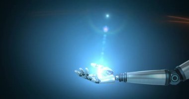 Mavi arkaplanda turuncu ışık izlerine karşı robotik kolun üzerinde ışık lekelerinin canlandırılması. Gelecekçi teknoloji konsepti