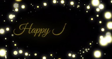 Siyah arka planda mutlu tatil metinlerinin etrafında mercek parlamalarının canlandırılması. Dijital olarak üretilen hologram, illüstrasyon, kış, festival, noel, olay, olay ve kutlama kavramı.