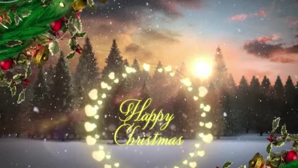 冬の風景に対するハッピークリスマスのテキストバナーと妖精ライトの上に落ちる雪のアニメーション クリスマスのお祭りと新年のお祝いのコンセプト — ストック動画
