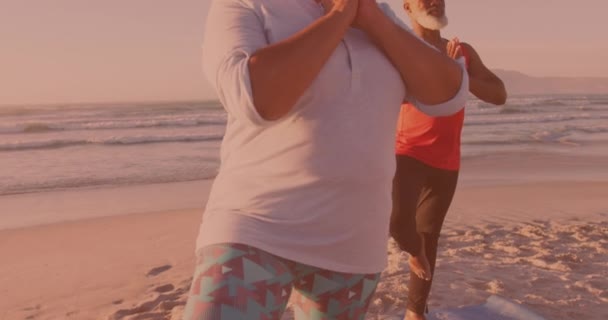 Afrikanska Seniorpar Som Utövar Yoga Tillsammans Stranden Pensionering Livsstil Och — Stockvideo