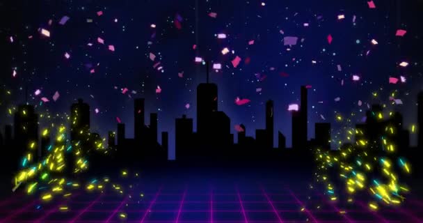 Animatie Van Confetti Stadsgezicht Blauwe Achtergrond Nieuwjaar Nieuwjaarsavond Feest Traditie — Stockvideo