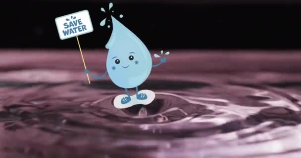 Animatie Van Opslaan Watertekst Teken Gehouden Door Waterdruppel Waterachtergrond Duurzaamheid — Stockvideo