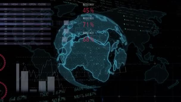 Animación Interfaz Infográfica Multicolor Tablero Comercio Globo Mapa Sobre Fondo — Vídeo de stock