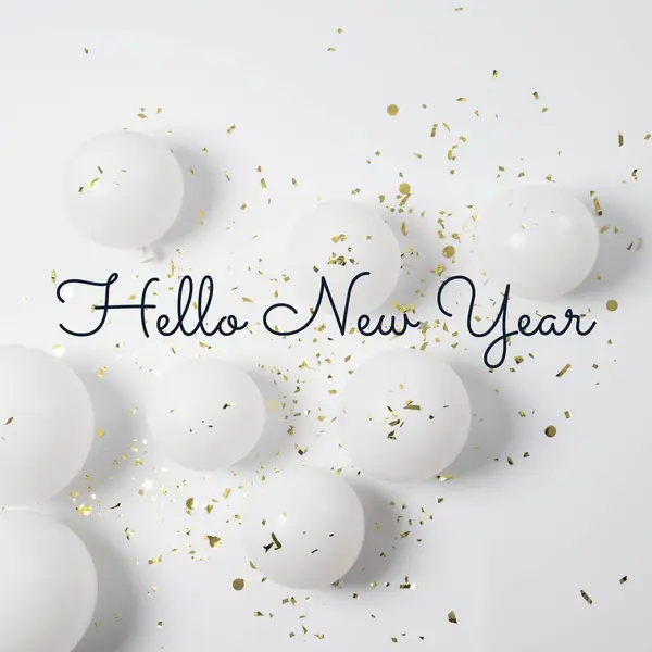 Merhaba Yeni Yıl Mesajının Beyaz Takılar Beyaz Arka Planda Konfetilerin — Stok fotoğraf