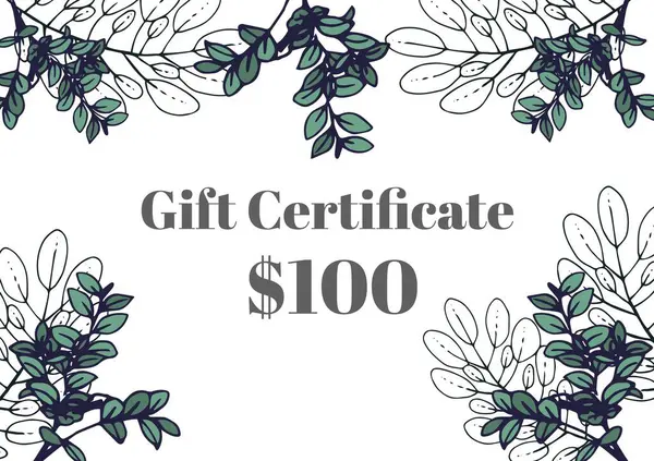 Illustration of gift certificate and 100 dollar text with leaves on white background, copy space. Vector, marketing, business, card, discount, voucher, template, design, creative concept.