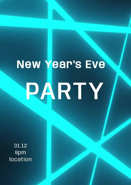 New year\'s eve party text in white over blue glowing lines on black. New year celebration party invite template with holding text for details digitally generated image.
