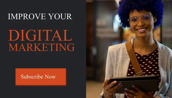 Biracial Businesswoman Using Tablet Improve Your Digital Marketing Subscribe Now — Stock fotografie