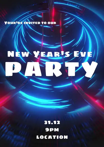 You\'re invited to our new year\'s eve party text in white over coils of blue and red lights. New year celebration party invite template with holding text for details digitally generated image.