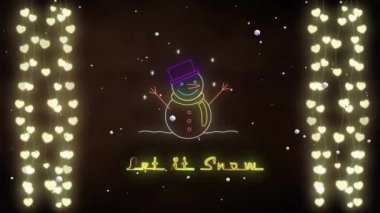 Kış manzarası arka planında kardan adam ve fiary ışıklarının üzerine yazı yazmasına izin verme animasyonu. Noel, gelenek, kutlama hareketi ve dijital olarak üretilen renk konsepti.