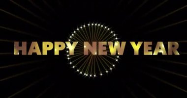 Yeni yıl mesajlarının animasyonu ve siyah arka planda havai fişekler. Yeni yıl, yeni yıl arifesi, kutlama ve geleneksel konsept dijital olarak oluşturulmuş video.
