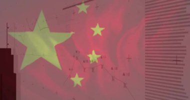 Arka planda Çin bayrağı üzerinde çizgi ve 3D bar grafiklerinin animasyonu. Dijital olarak üretilmiş, hologram, rapor, iş, üç boyutlu, hükümet ve vatanseverlik kavramı.