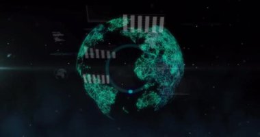 Siyah arka planda dönen dünya üzerinde istatistiksel veri işleme animasyonu. Küresel ağ ve iş veri teknolojisi kavramı