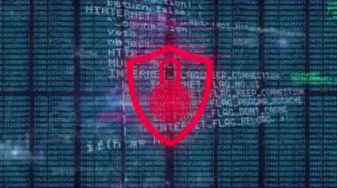 Bağlantılar ve veri işleme ağı üzerinde güvenlik asma kilit simgesinin canlandırılması. Siber güvenlik ve iş teknolojisi kavramı