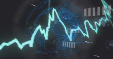 Siyah arkaplanda ilerleyen ok ve küre ile birden fazla grafiğin animasyonu. Dijital olarak üretilmiş, çoklu pozlama, iş, rapor, büyüme, küreselleşme, veri işleme ve teknoloji.