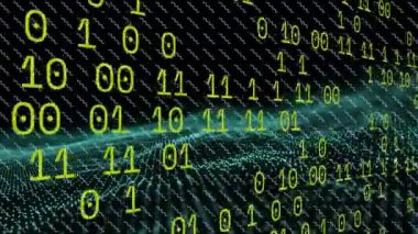 Siyah arkaplana karşı mavi dijital dalga üzerinden ikili kodlama veri işleme animasyonu. Bilgisayar arayüzü ve iş teknolojisi kavramı