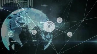 Dünya üzerindeki simgelerle bağlantı ağının animasyonu. Küresel iş, bağlantılar, hesaplama ve veri işleme kavramı dijital olarak oluşturulmuş video.