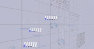 Finansal veri işleme animasyonu ve ışık arkaplanı üzerindeki istatistikler. Dijital olarak oluşturulmuş küresel istatistik, bilgisayar ve veri işleme kavramı.