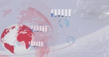 Küre animasyonu, finansal veri işleme ve ışık arkaplan istatistikleri. Dijital olarak oluşturulmuş küresel istatistik, bilgisayar ve veri işleme kavramı.