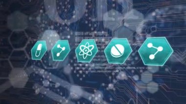 Altıgendeki ikon, molekül yapıları ve dijital insan beyninin devre kartı şablonu üzerindeki animasyonu. Dijital olarak üretilmiş, hologram, anatomi, tıbbi, sağlık, yapay zeka, teknoloji.