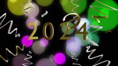 Siyah arka planda 2024 parti flamasının animasyonu. Yeni yıl, yeni yıl arifesi, parti, kutlama ve geleneksel konsept dijital olarak oluşturulmuş video.