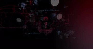 Siyah zemin üzerinde daireler, grafikler, küreler ve bilgisayar dilinde asma kilit animasyonu. Dijital olarak üretilmiş, hologram, koruma, küreselleşme, rapor, iş dünyası, kodlama ve teknoloji kavramı.