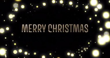 Siyah arka planda spot ışıkları olan mutlu noel mesajlarının animasyonu. Noel, kutlama ve gelenek konsepti dijital olarak oluşturulmuş video.